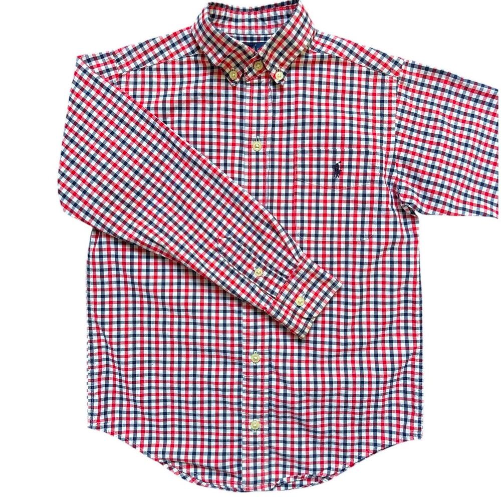 Ralph Lauren Boys Size 6 Red Navy White Plaid Button Down Shirt